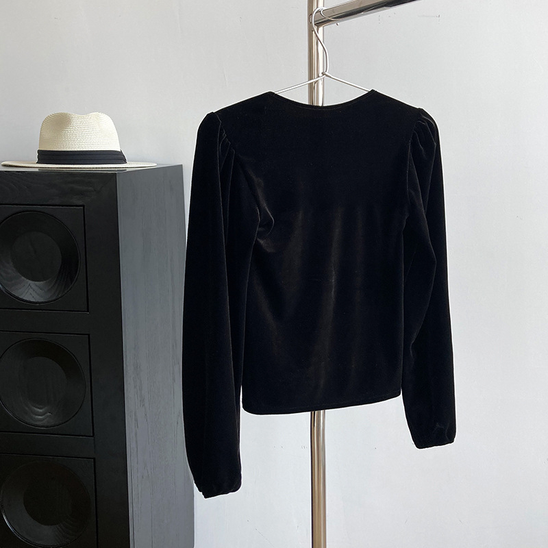 Black Long-Sleeved Golden Velvet Square Neck Shirt Light Mature Design Feel Puff Sleeve ExposedBlack