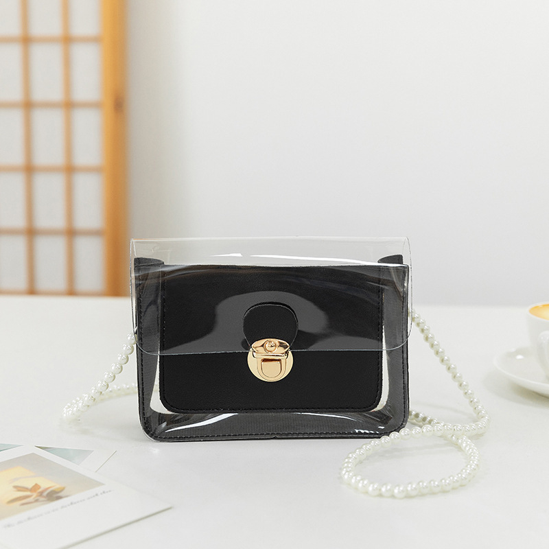 Bags Woman Literary Messenger Shoulder Handbag Pearl chain wrap small clear  The new pu fashion body cross bag lady handbag  pvc new square designer tote handbags hand bags ladies for womenBlack