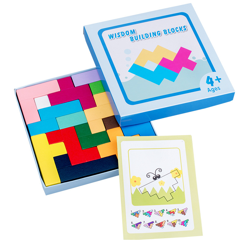Color translucent Tetris puzzle board children's early education puzzle matching puzzle wooden block building block toysmqy-three-dimensional color 