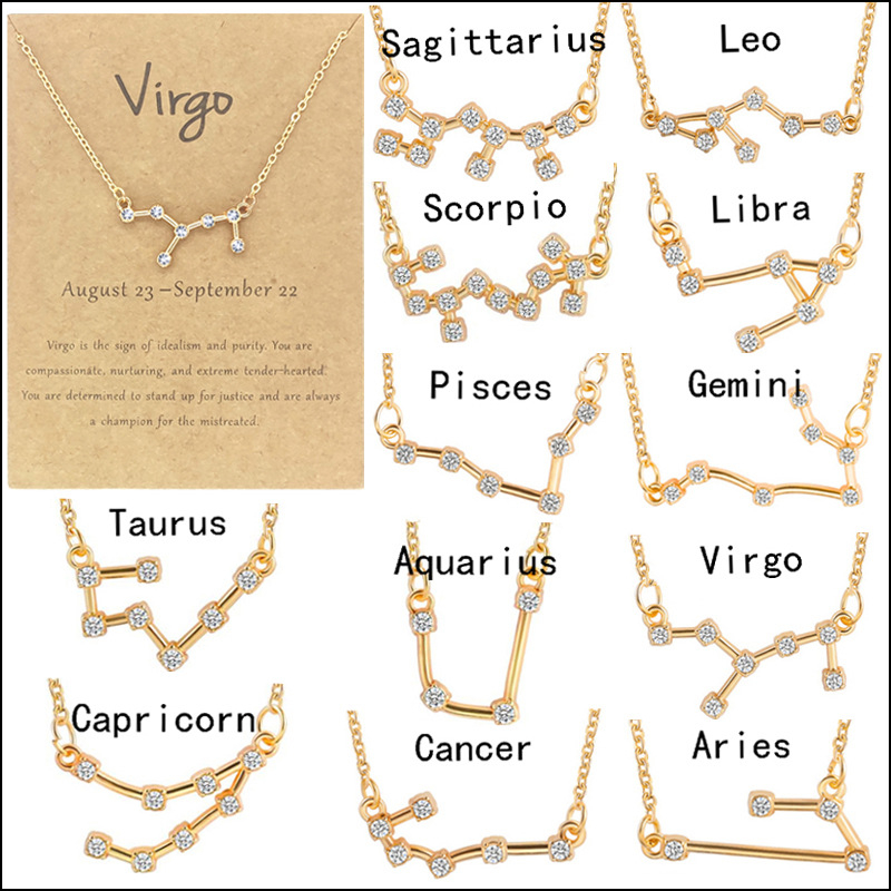 Netflix 12 zodiac signs with diamonds necklace ins brown card rhinestone collarbone chain