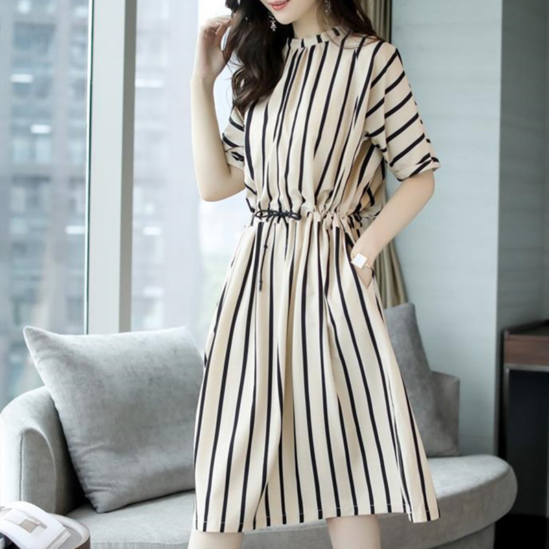 Women's skirts striped dresses women's short-sleeved midi skirts
