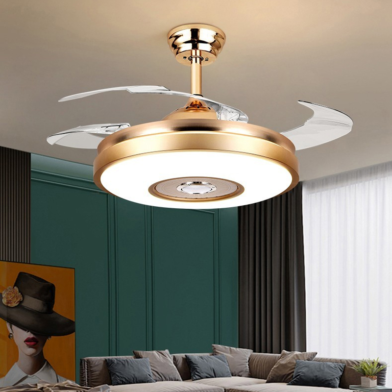 Peach Retractable ceiling fan light and Bluetooth speaker color Changing 36W 49.2In Black ceiling fan with remote control. Gold