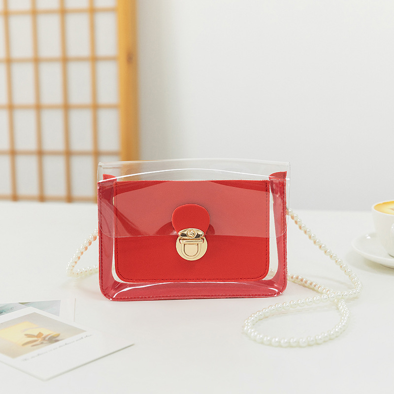 Bags Woman Literary Messenger Shoulder Handbag Pearl chain wrap small clear  The new pu fashion body cross bag lady handbag  pvc new square designer tote handbags hand bags ladies for womenRed