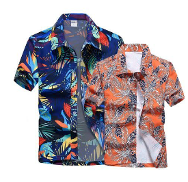 2PCS Mens Beach Floral Short Sleeve Shirt(BLUE/ORANGE)XL