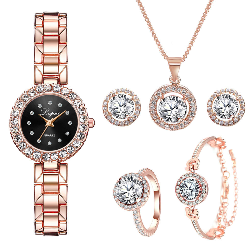 Watch + Bracelet + Necklace + Earrings + Ring 5 Piece Set Jewelry Package Round Diamond Watch Simple Quartz Watch Watch Steel Band Ladies Quartz Watch Girls Student Jewelry Pointer WatchP1114-02