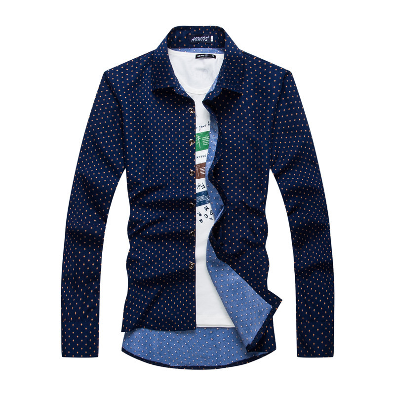 Autumn and winter new shirt men's shirt small mushroom print Korean style slim men's long-sleeved shirtnavy