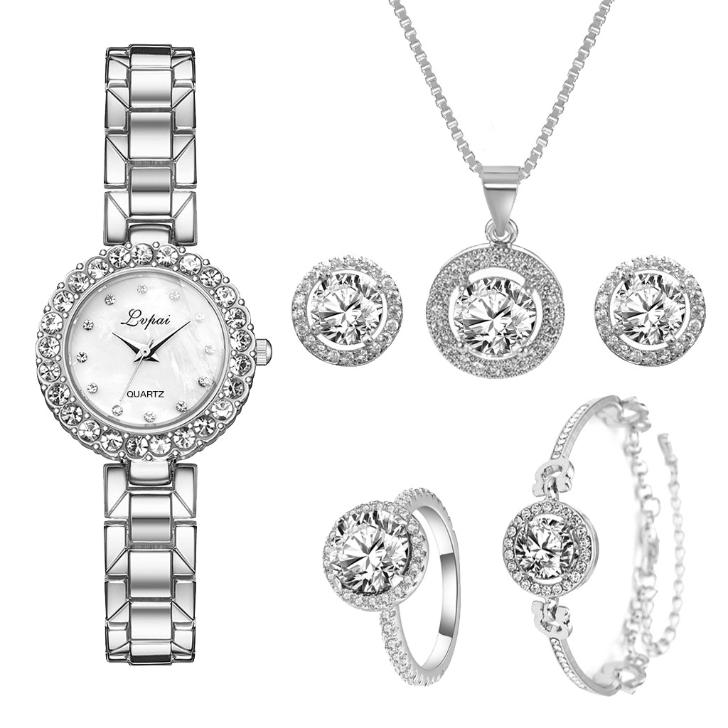 Watch + Bracelet + Necklace + Earrings + Ring 5 Piece Set Jewelry Package Round Diamond Watch Simple Quartz Watch Watch Steel Band Ladies Quartz Watch Girls Student Jewelry Pointer WatchP1114-03
