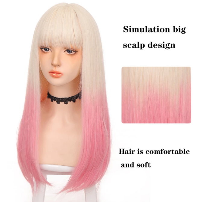 Long straight hair synthetic wig girl pink white gradient bangs cosplay Lolita party heat-resistant wigs1pack