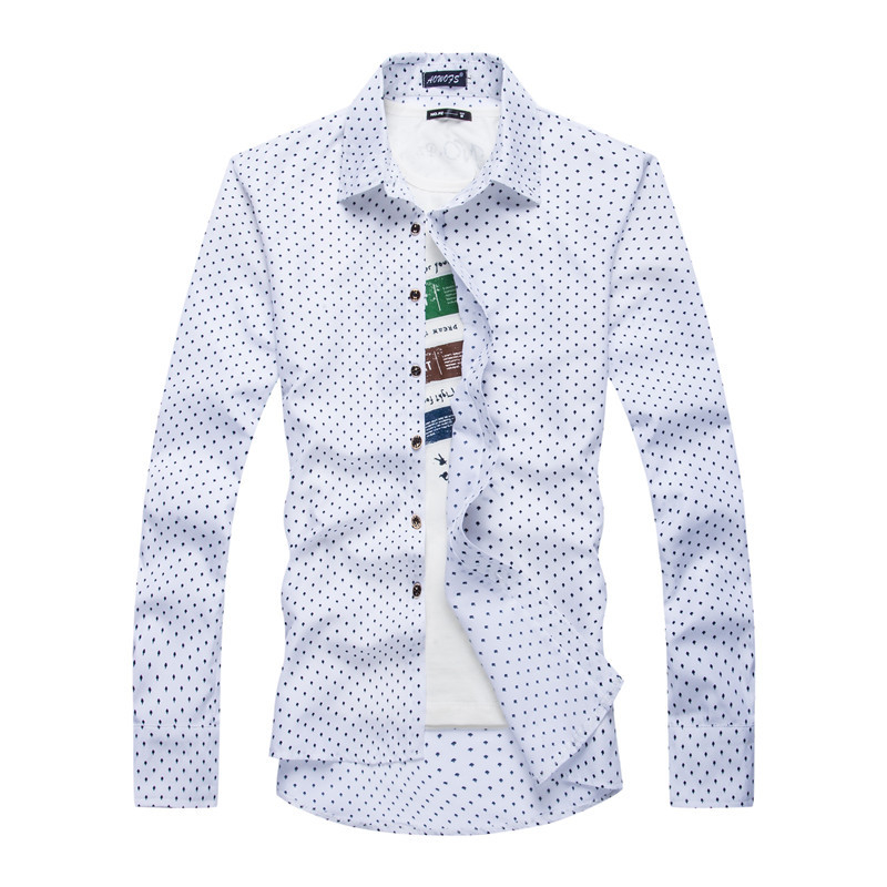 Autumn and winter new shirt men's shirt small mushroom print Korean style slim men's long-sleeved shirtwhite