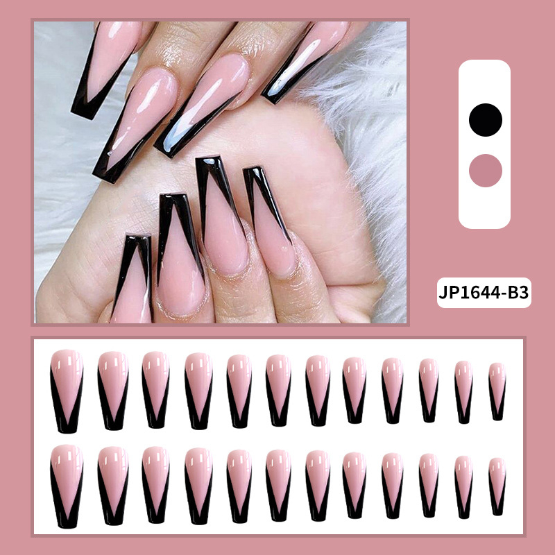 24Pcs/Set Pink Black Design False Nail French Stiletto Full Cover Fake Nails Glue DIY Manicure Nail Art ToolsJP1644