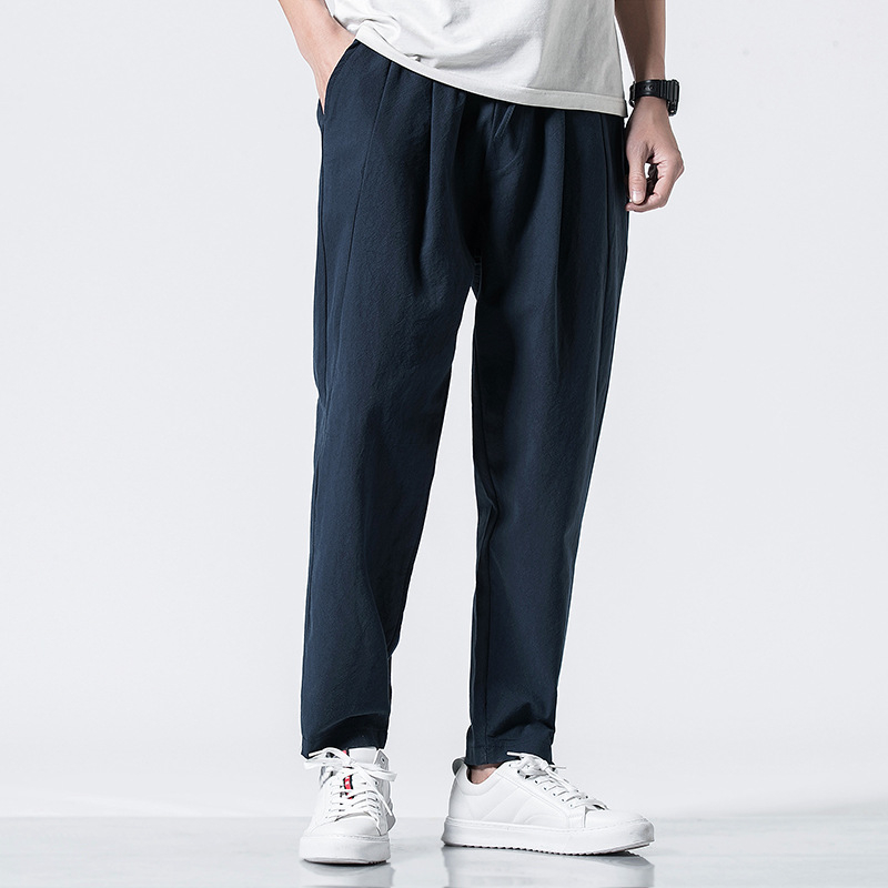 New Chinese style foreign trade autumn cotton linen pants men's retro plus size loose Harlan pantsnavy
