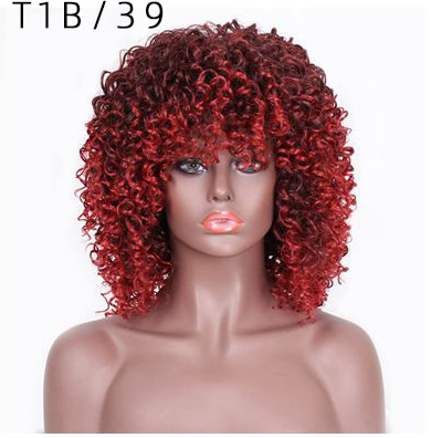 Short Hair Afro Kinky Curly Wigs With Bangs African Synthetic Ombre Glueless Cosplay Wigs For Black Women High TemperatureT1B/39#