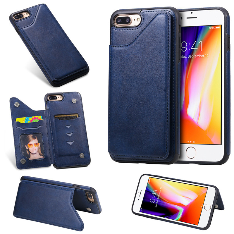Pure Color Phone Case For iPhone 7 Plus iPhone 8 Plus 5.5 inch PU Leather Wallet Phone Cover with Card Pockets KickstandBlue