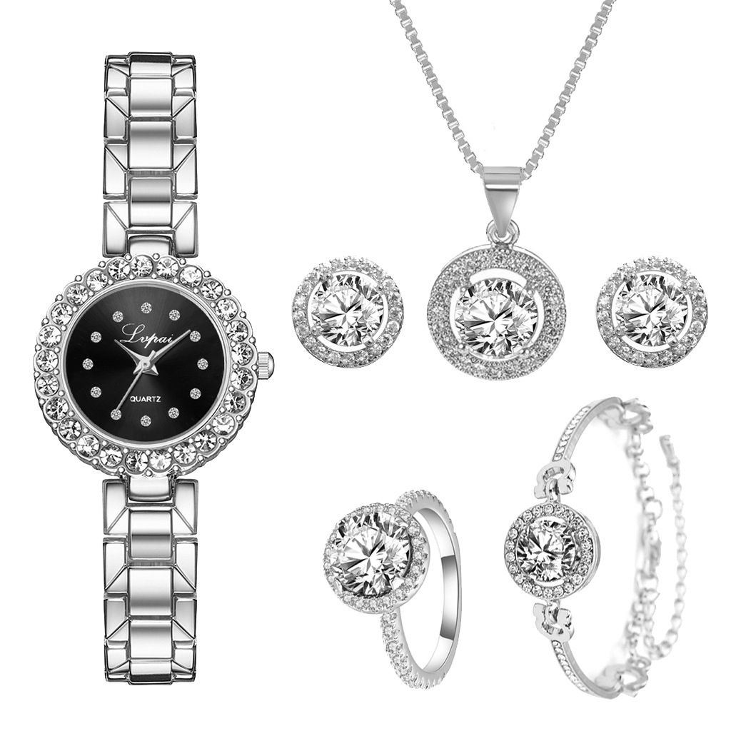 Watch + Bracelet + Necklace + Earrings + Ring 5 Piece Set Jewelry Package Round Diamond Watch Simple Quartz Watch Watch Steel Band Ladies Quartz Watch Girls Student Jewelry Pointer WatchP1114-04