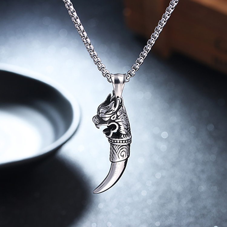 Fashion Gothic Punk Style Stainless Steel Necklace Wolf Tooth Vintage Pendant Silver