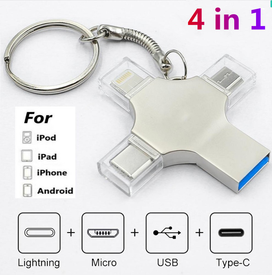 MECOLA 4 in 1 16/32/64/128GB Photo Storage Stick USB Flash Drive for iPhone USB-C iPad Android Samsung USB for iPhone 13/13 pro/12/12 pro/12 mini/11/11/Pro//XR/X/XS MAX, Photo Storage for PC,MacBooksilver