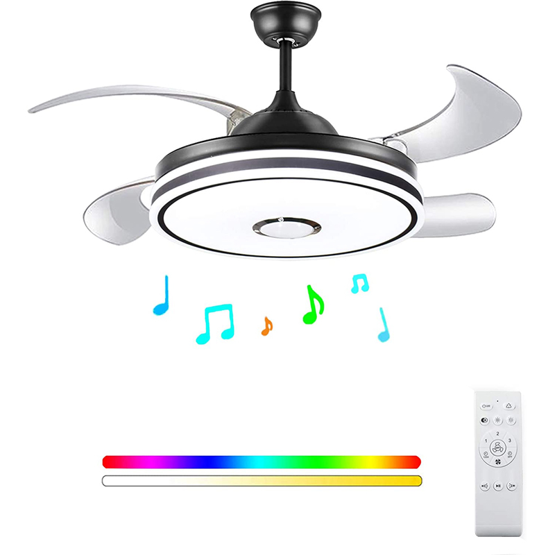 Peach Retractable ceiling fan light and Bluetooth speaker color Changing 36W 49.2In Black ceiling fan with remote control. Black