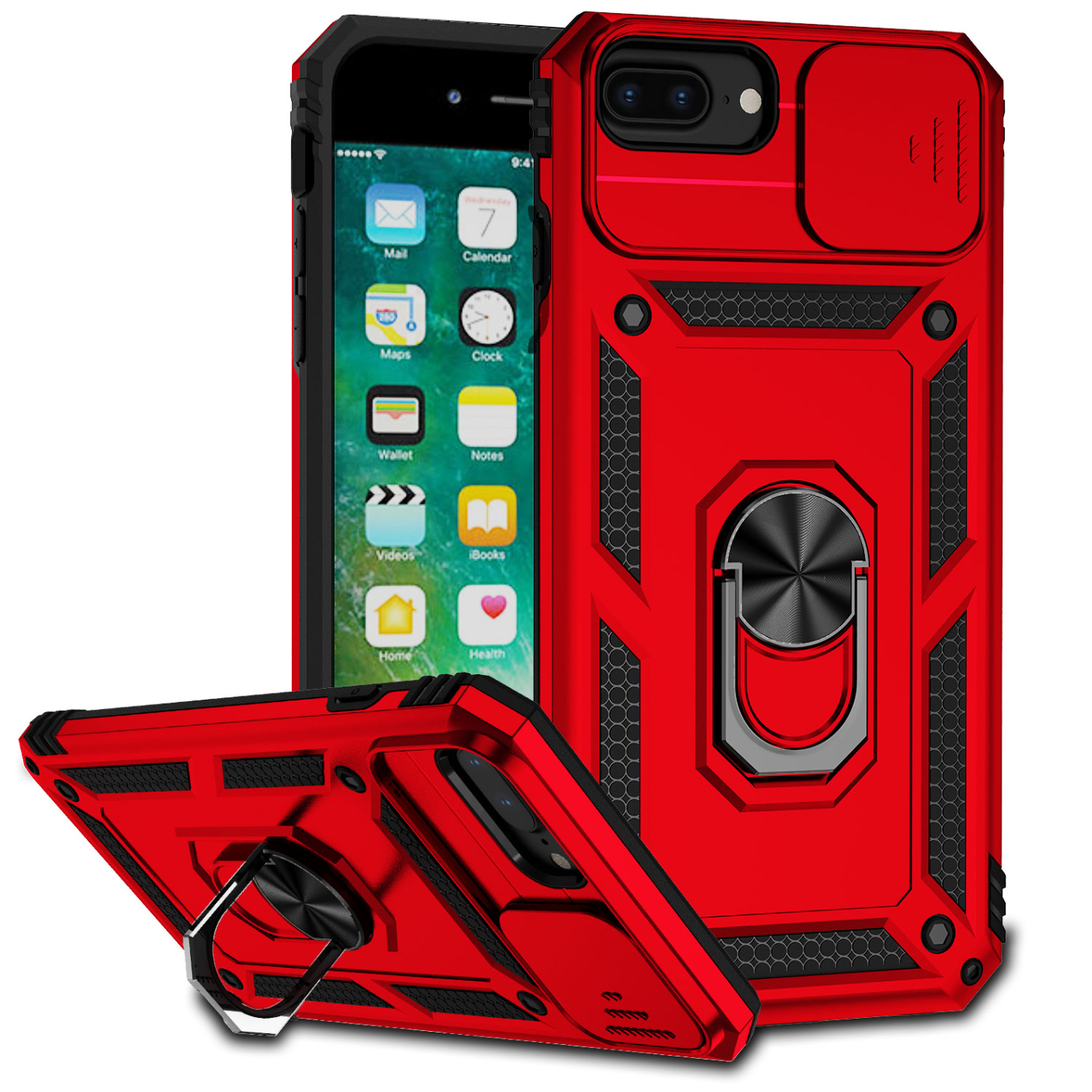 Sliding Camera Protection Shockproof Phone Case For iPhone 6 6s 7 8 4.7 inch iPhone 6 Plus 6s Plus 7 Plus 8 Plus 5.5 inch TPU+PC Double Layer Phone Cover Shell with Rotate Ring Kickstand Metal Plate for Magnetic Car Mount