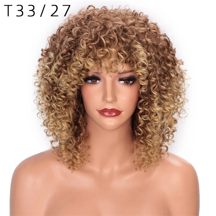 Short Hair Afro Kinky Curly Wigs With Bangs African Synthetic Ombre Glueless Cosplay Wigs For Black Women High TemperatureT33/27#