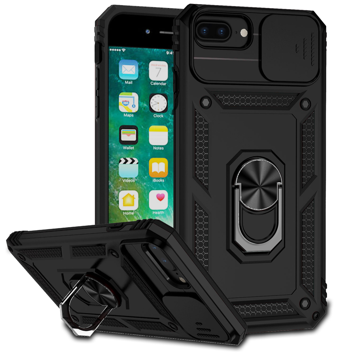 Sliding Camera Protection Shockproof Phone Case For iPhone 6 6s 7 8 4.7 inch iPhone 6 Plus 6s Plus 7 Plus 8 Plus 5.5 inch TPU+PC Double Layer Phone Cover Shell with Rotate Ring Kickstand Metal Plate for Magnetic Car MountBlack