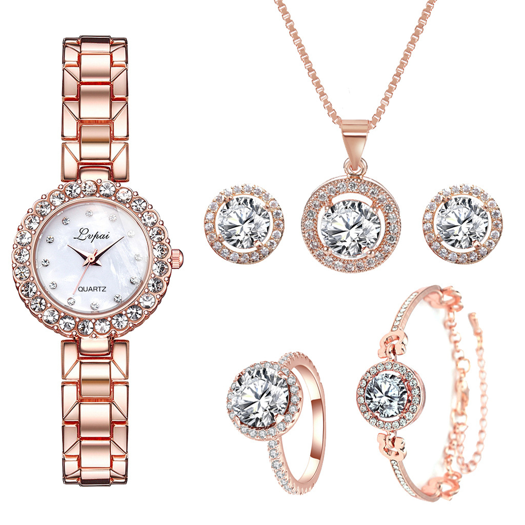 Watch + Bracelet + Necklace + Earrings + Ring 5 Piece Set Jewelry Package Round Diamond Watch Simple Quartz Watch Watch Steel Band Ladies Quartz Watch Girls Student Jewelry Pointer WatchP1114-01