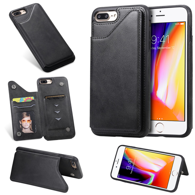 Pure Color Phone Case For iPhone 7 Plus iPhone 8 Plus 5.5 inch PU Leather Wallet Phone Cover with Card Pockets KickstandBlack