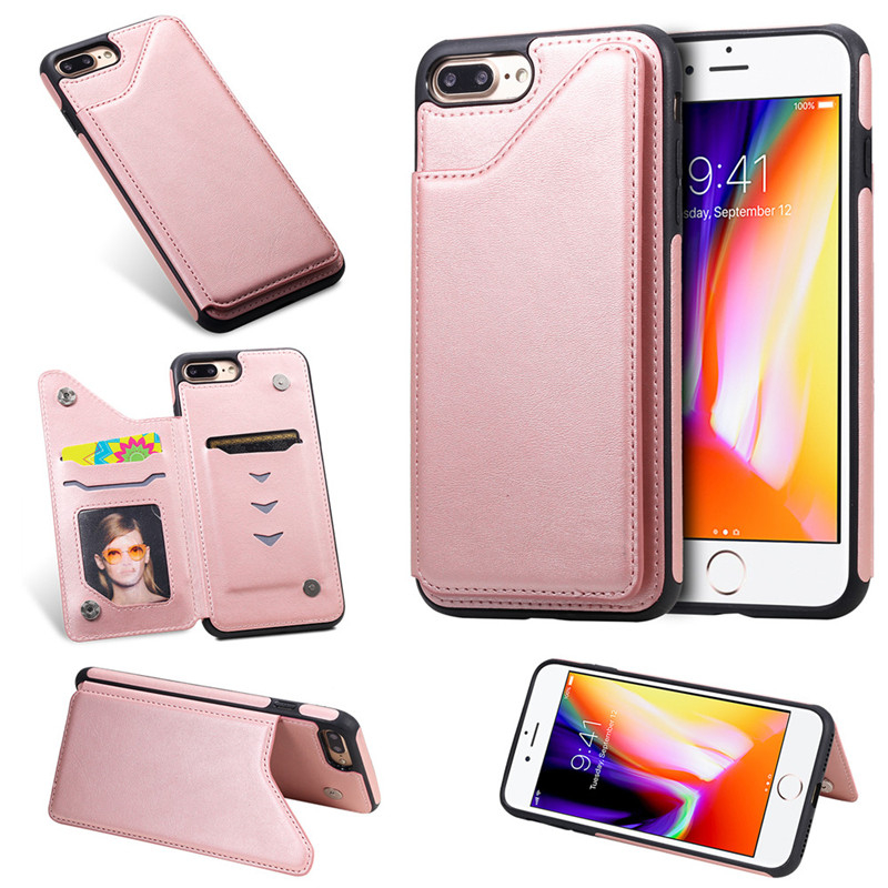 Pure Color Phone Case For iPhone 7 Plus iPhone 8 Plus 5.5 inch PU Leather Wallet Phone Cover with Card Pockets KickstandRoseGold